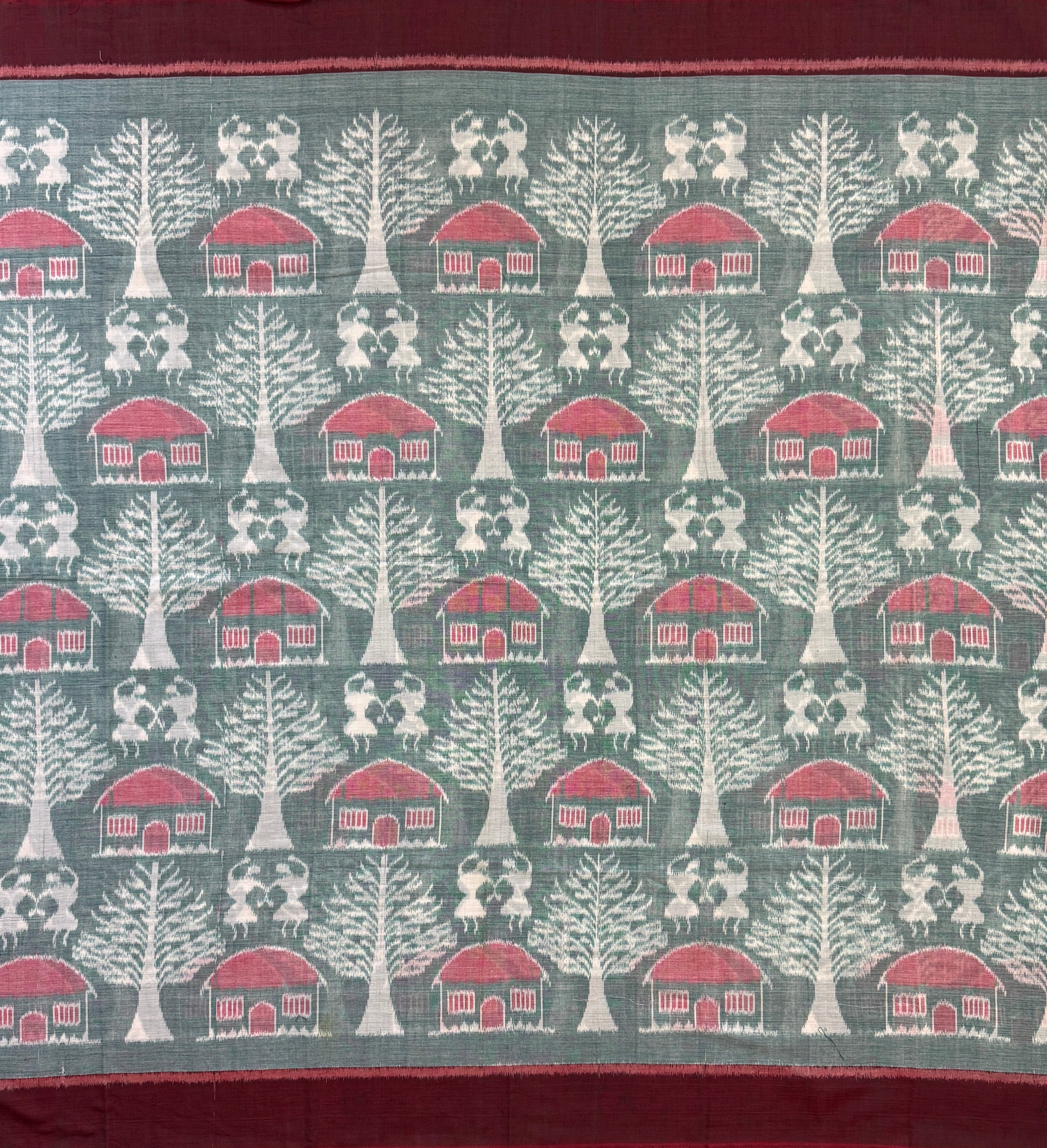 Slate Green and Maroon Sambalpuri Handloom Cotton Dress Material with Tribal Motifs