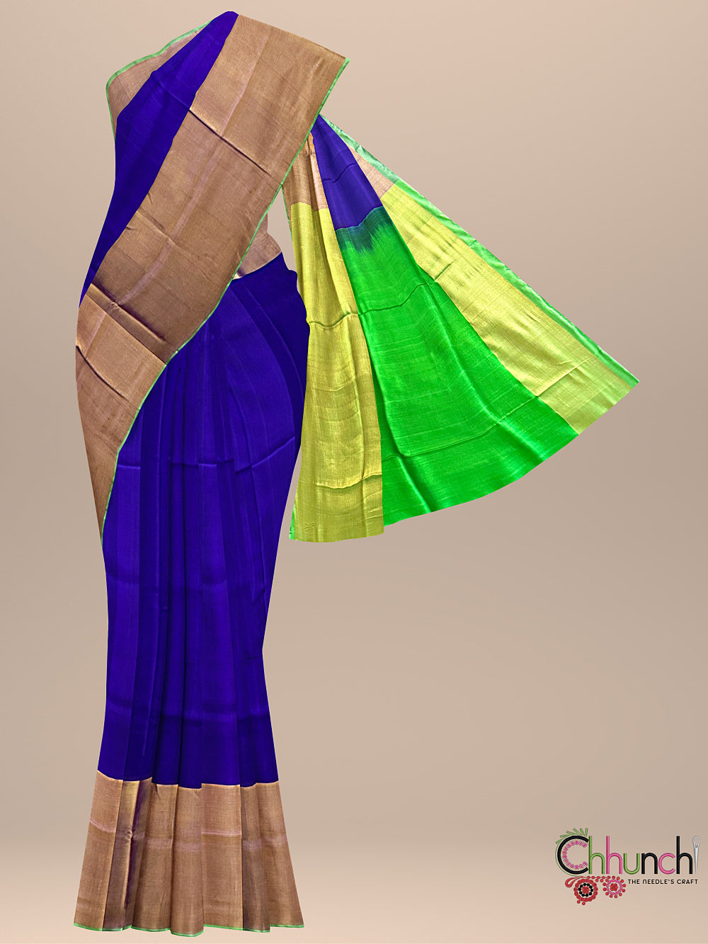 Solid Navy Blue and Green Pure Silk Uppada Handloom Saree