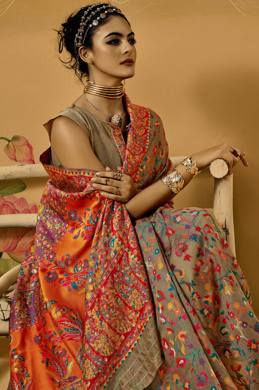 Demanding Grey Pashmina Saree With Magnetic Blouse Piece