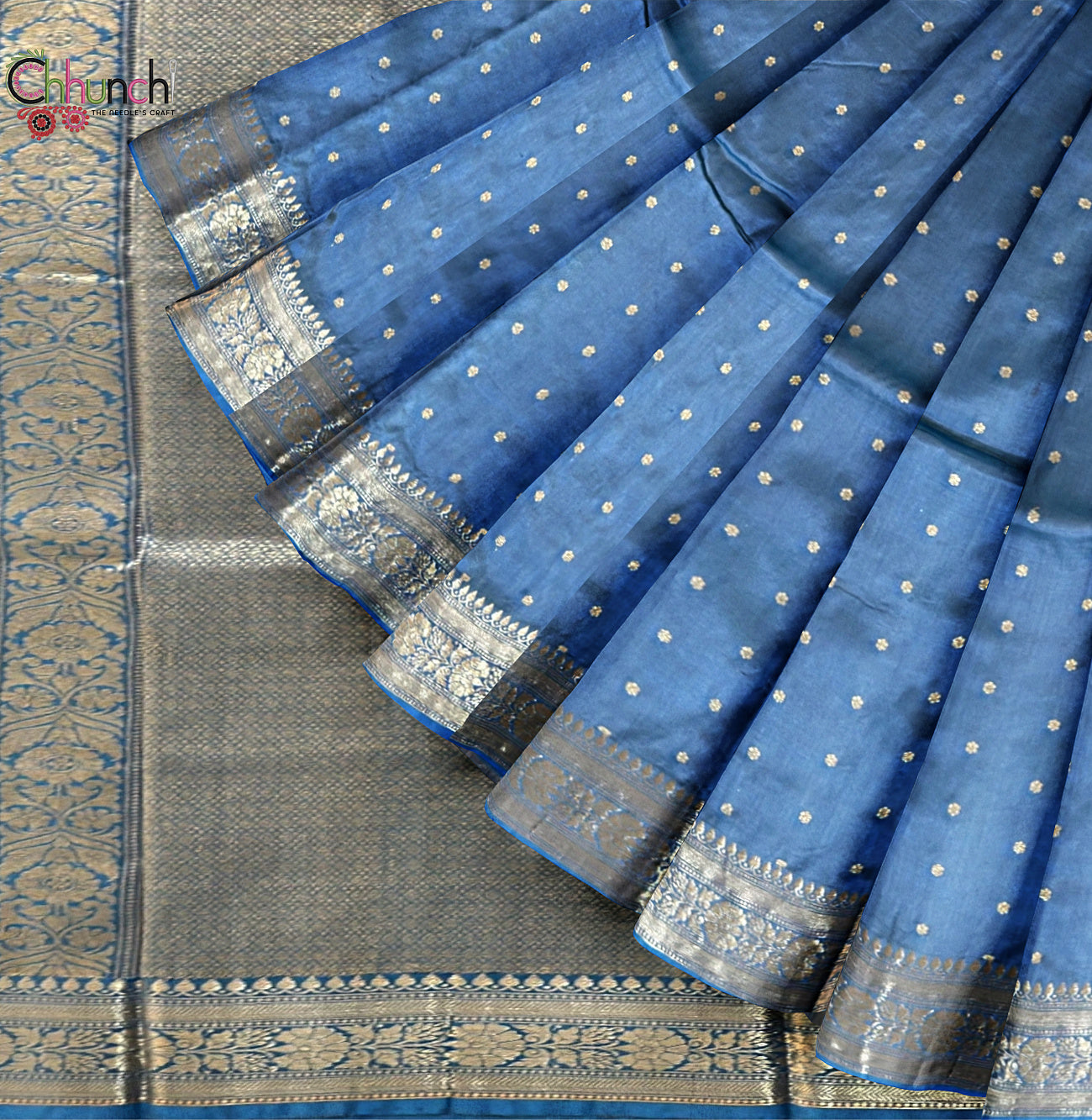 Steel Blue Pure Katan Silk Banarasi Handloom Saree with All Over Kadua Motifs