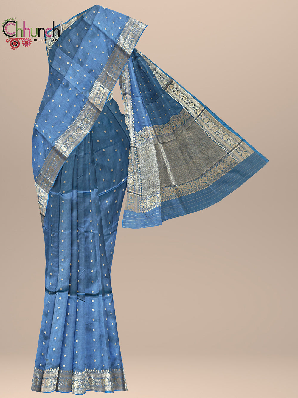 Steel Blue Pure Katan Silk Banarasi Handloom Saree with All Over Kadua Motifs