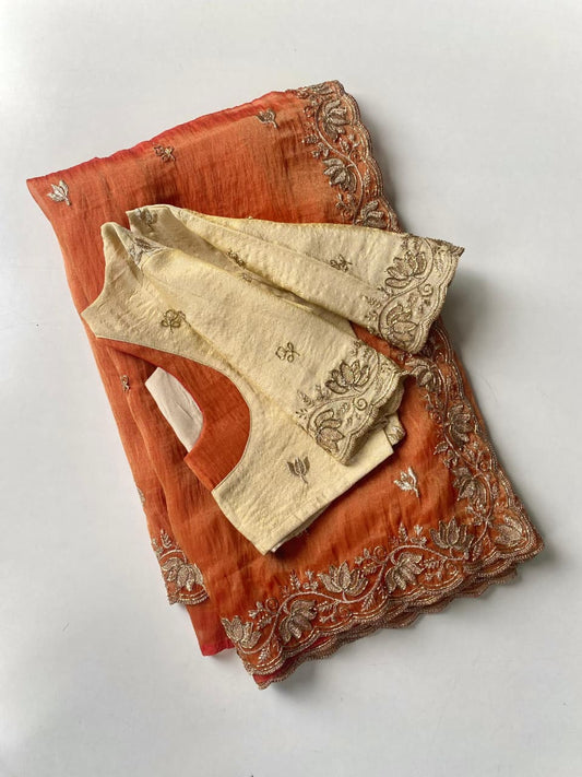 Panoply Orange Handwork Tissue Silk Saree With Outstanding Blouse Piece