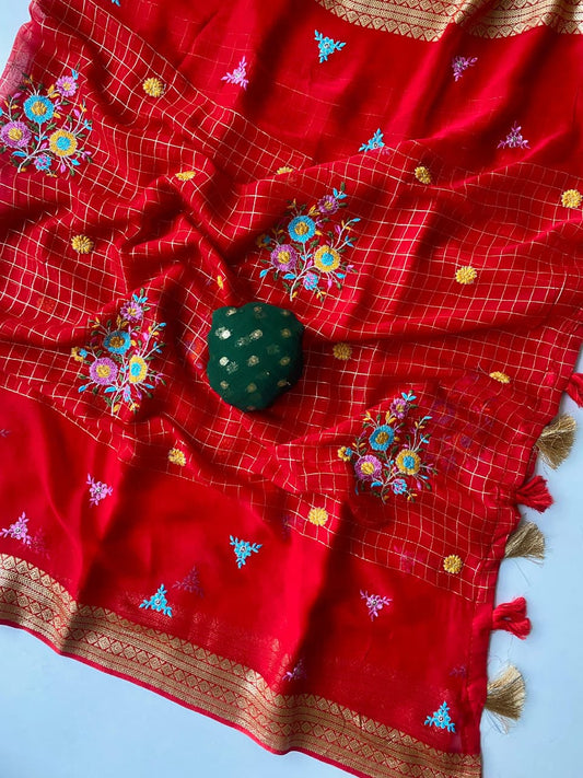 Most Stunning Red Embroidery Work Pure Georgette Saree With Opulent Blouse Piece