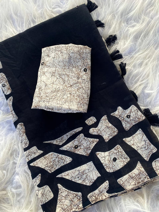 Luminous Black Printed Linen Silk Saree With Snappy Blouse Piece