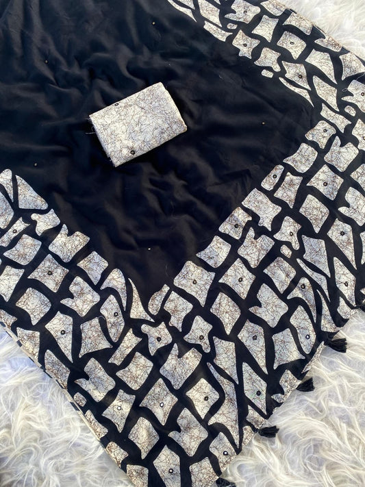 Luminous Black Printed Linen Silk Saree With Snappy Blouse Piece