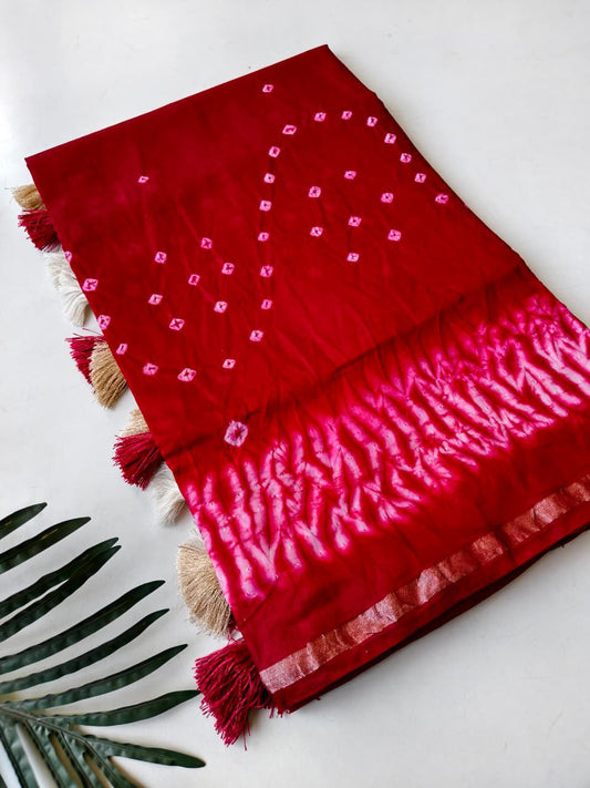 Glorious Dark Pink Cotton Silk Bandhani Printed Saree With Splendorous Blouse Piece