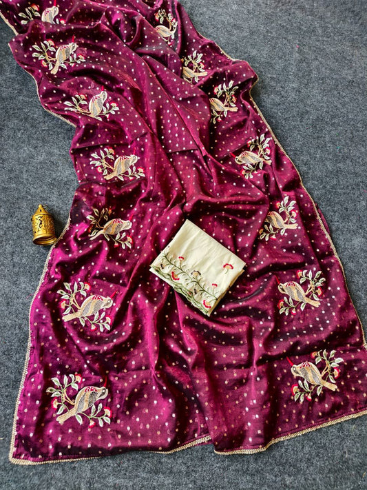 Ideal Wine Embroidery Work Chiffon Silk Saree With Imaginative Blouse Piece