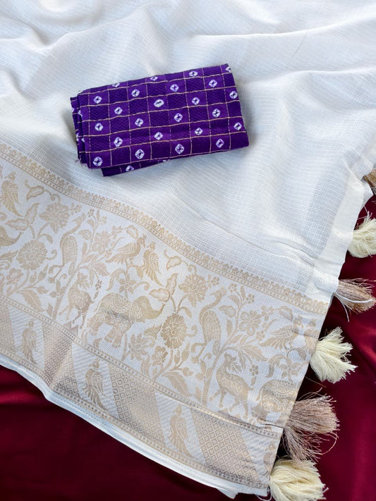 Sempiternal Off White Embroidery Work Kota Doriya Silk Saree With Girlish Blouse Piece
