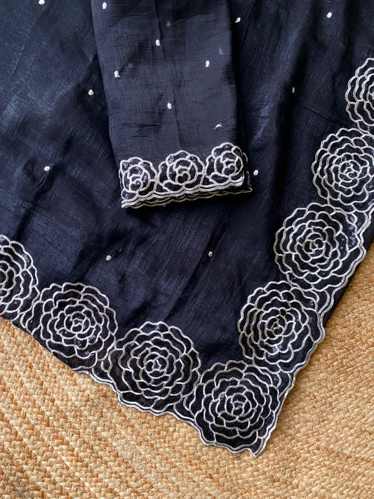 Rhapsodic Black Embroidery Work Georgette Saree With Ephemeral Blouse Piece