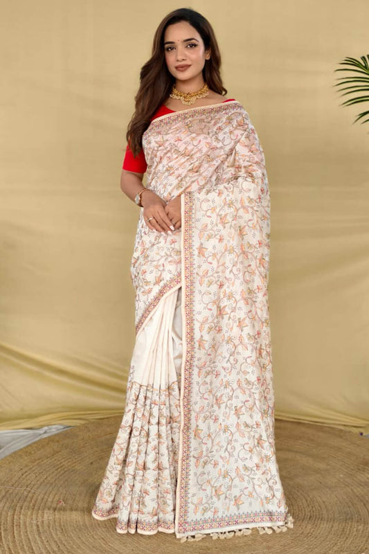 Extraordinary Off White Embroidery Work Tussar Silk Saree With Supernal Blouse Piece