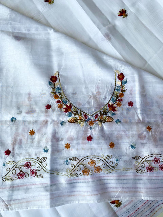 Verdant White Embroidery Work Tussar Silk Saree With Stunner Blouse Piece