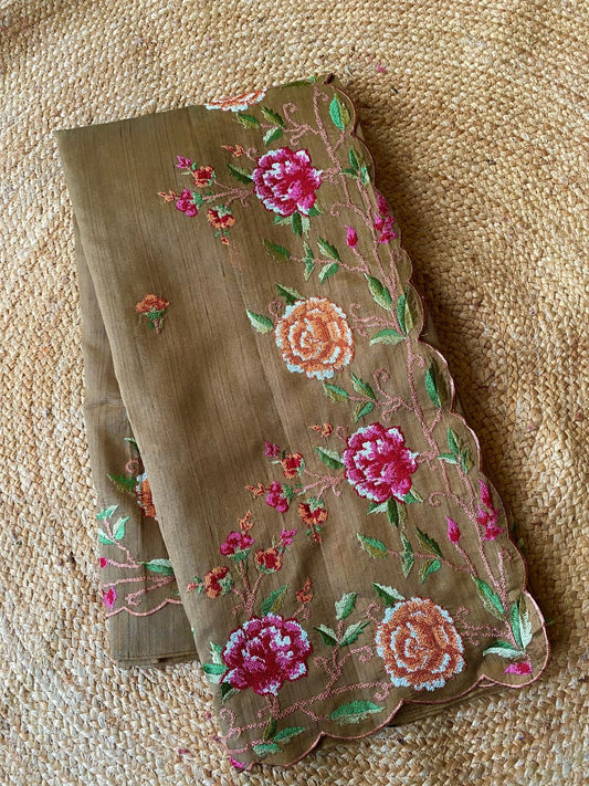 Confounding Dark Beige Embroidery Work Tussar Silk Saree With Diaphanous Blouse Piece