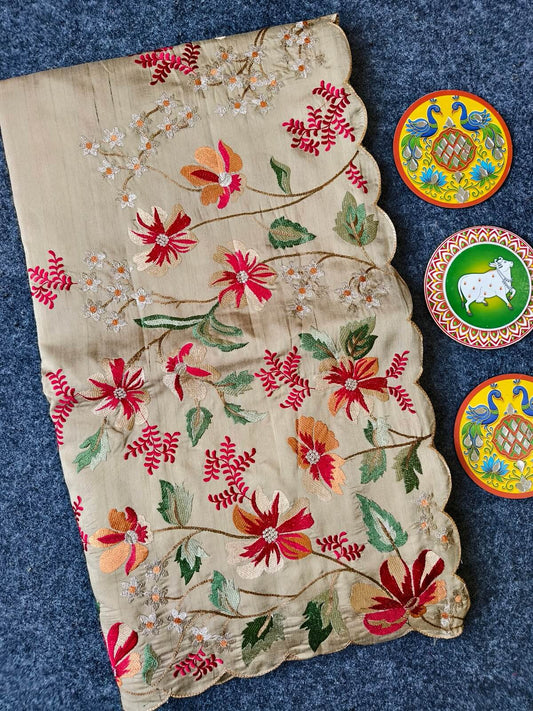 Evocative Beige Embroidery Work Tussar Silk Saree With Staggering Blouse Piece