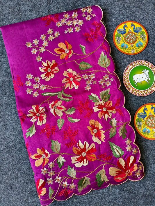 Prettiest Purple Embroidery Work Tussar Silk Saree With Verdant Blouse Piece