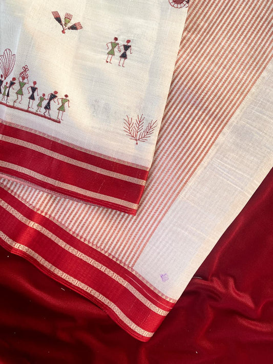 Appealing Off White Embroidery Work Tussar Silk Saree With Lissome Blouse Piece