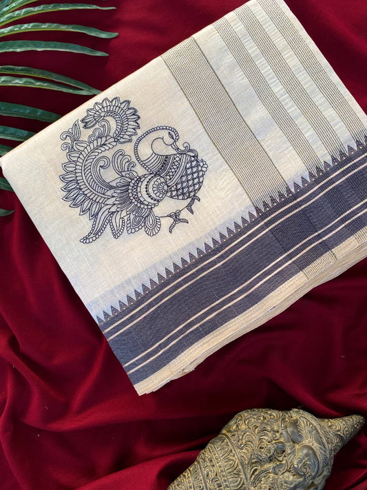 Surreptitious Off White Embroidery Work Tussar Silk Saree With Comely Blouse Piece