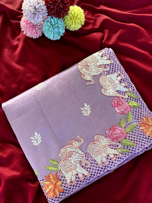 Glorious Lavender Embroidery Work Tussar Silk Saree With Classy Blouse Piece