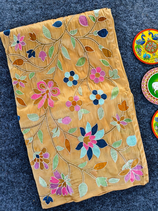 Pleasant Peach Embroidery Work Tissue Silk Saree With Tantalizing Blouse Piece