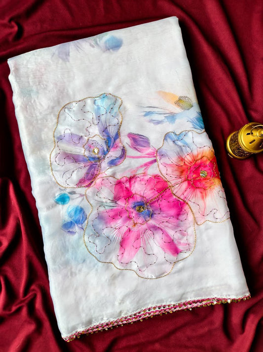 Groovy Off White Handwork Fandy Silk Saree With Fantabulous Blouse Piece