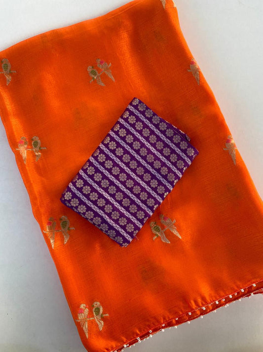 Supernal Orange Embroidery Work Crush Silk Saree With Breathtaking Blouse Piece