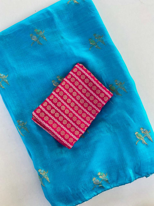 Mesmeric Sky Embroidery Work Crush Silk Saree With Forbearance Blouse Piece