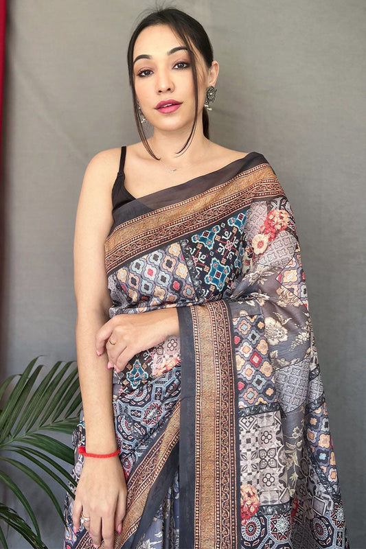Delightful Grey Digital Printed Cotton Silk Saree With Classic Blouse Piece