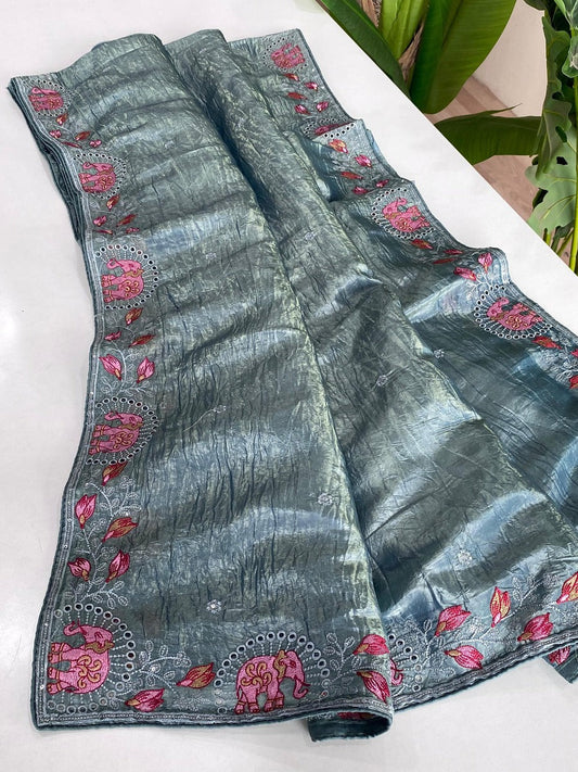 Symmetrical Teal Blue Embroidery Work Crush Silk Saree With Imaginative Blouse Piece