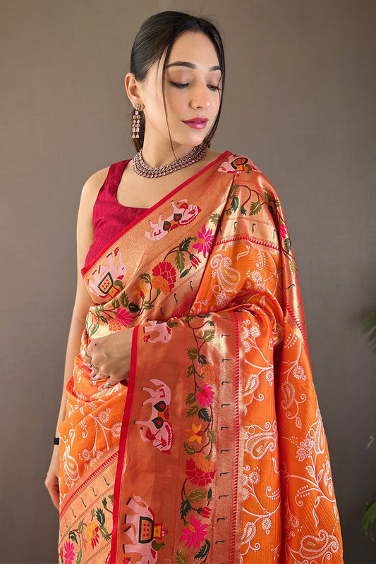 Ideal Orange Paithani Silk Saree With Adoring Blouse Piece