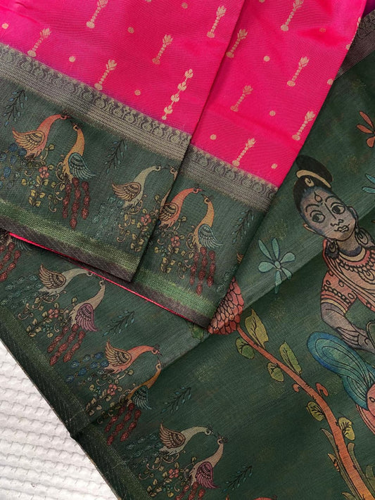 Posh Dark Pink Soft Chanderi Silk Printed Saree With Serendipity Blouse Piece