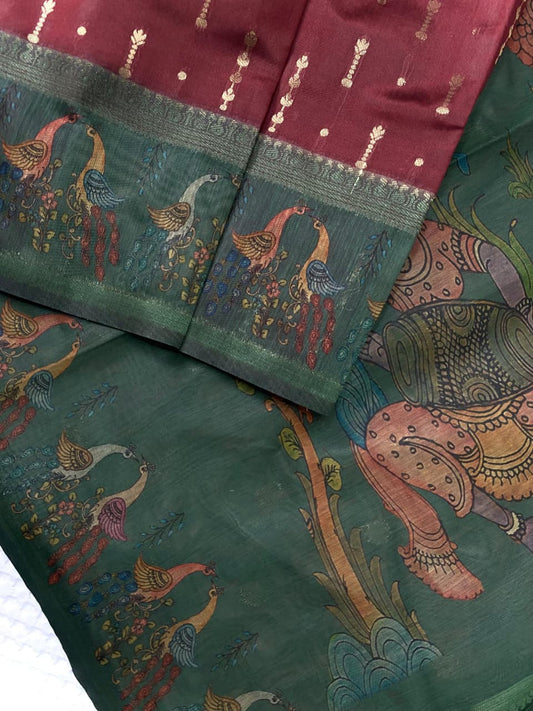 Adorning Wine Soft Chanderi Silk Printed Saree With Susurrous Blouse Piece