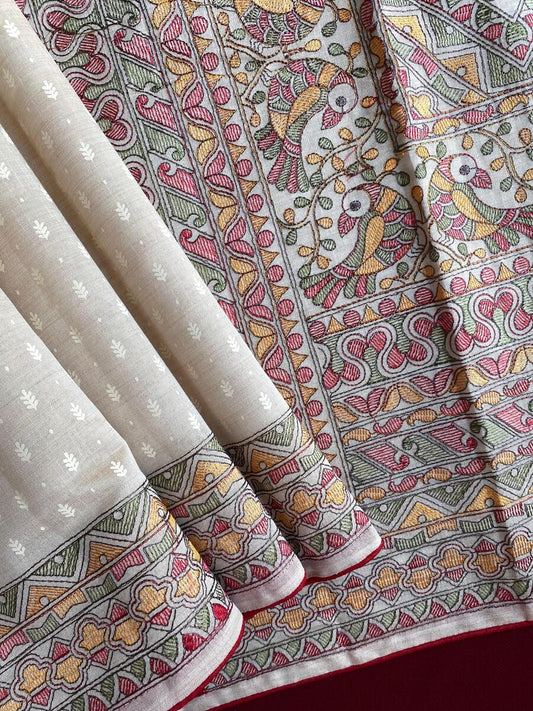 Flattering Off White Embroidery Work Tussar Silk Saree With Amiable Blouse Piece