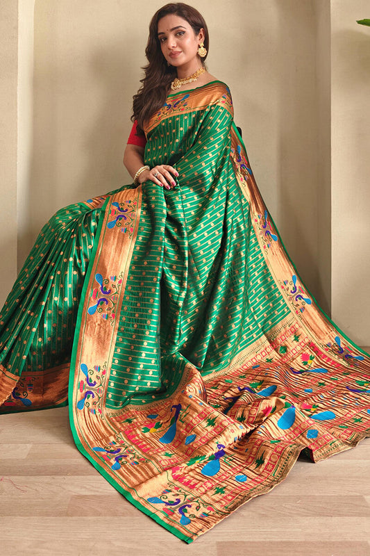 Petrichor Dark Green Paithani Silk Saree With Artistic Blouse Piece