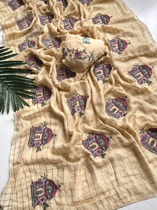 Evocative Beige Embroidery Work Georgette Saree With Redolent Blouse Piece