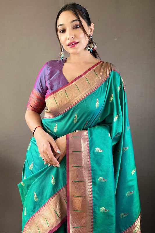 Evanescent Turquoise Paithani Silk Saree With Palimpsest Blouse Piece