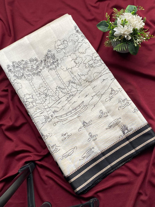 Preferable Off White Printed Cotton Silk Saree With Traditional Blouse Piece