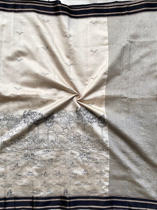 Preferable Off White Printed Cotton Silk Saree With Traditional Blouse Piece
