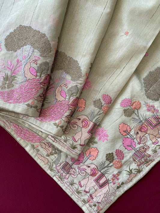Panache Pista Embroidery Work Tussar Silk Saree With Angelic Blouse Piece