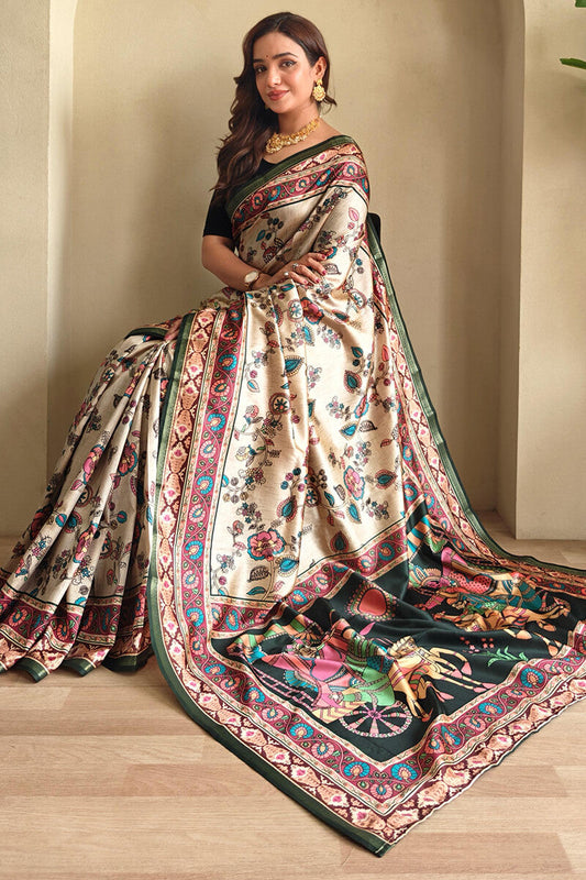 Eloquence Beige Soft Silk Kalamkari Printed Saree With Fancifull Blouse Piece