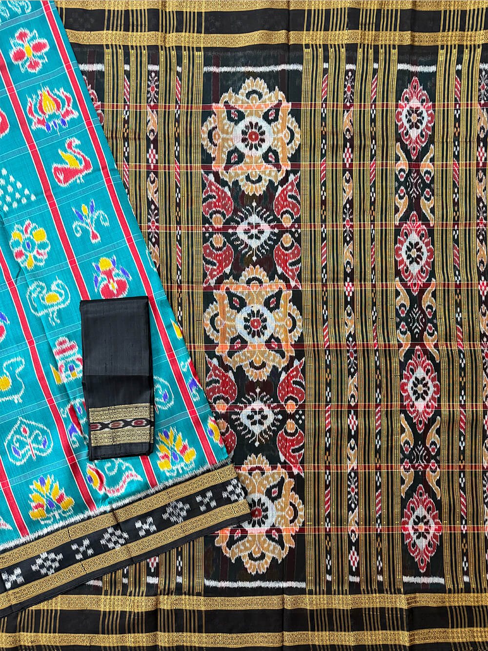 Teal and Black Nabakothi Pure Silk Handloom Khandua Patta Saree
