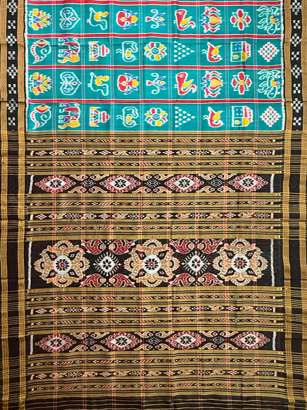 Teal and Black Nabakothi Pure Silk Handloom Khandua Patta Saree