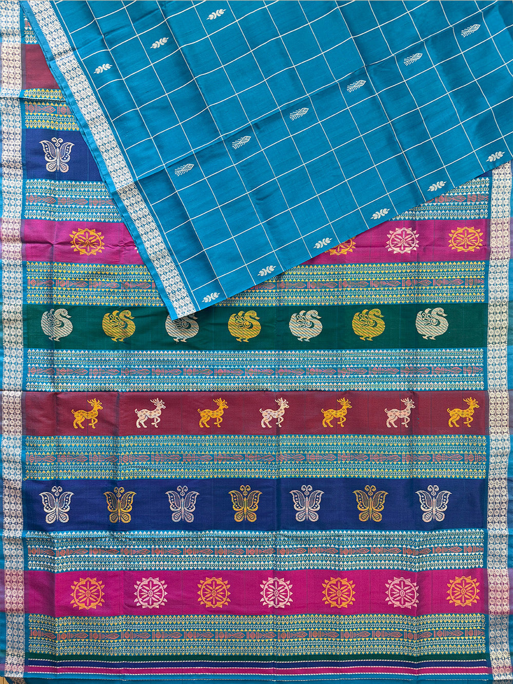 Turquoise Blue Double Pallu Handloom Berhampuri Pure Silk Patta Saree
