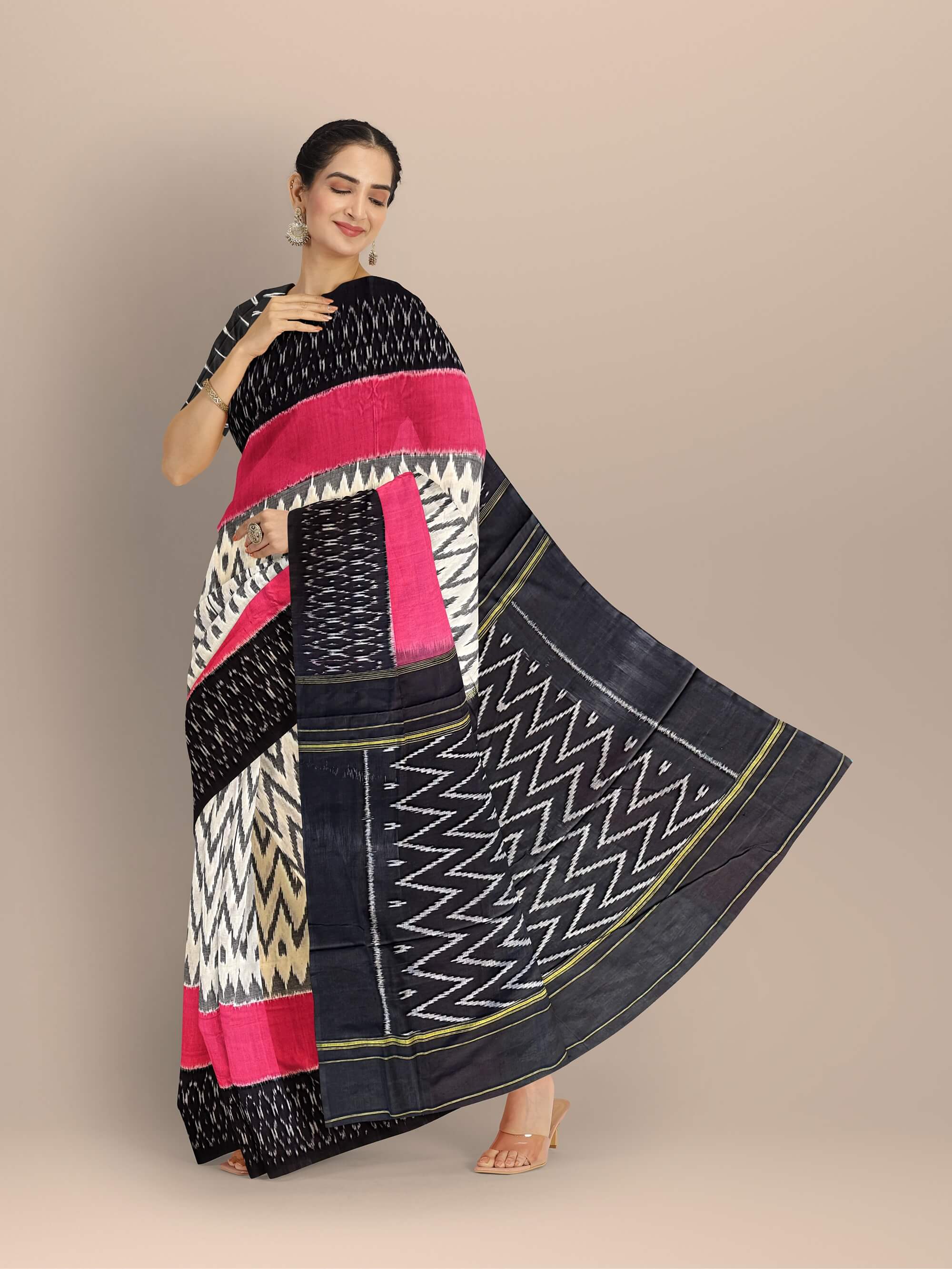 White, Black and Pink Pochampally Mercerised Cotton Handloom Saree in Ikkat Pattern