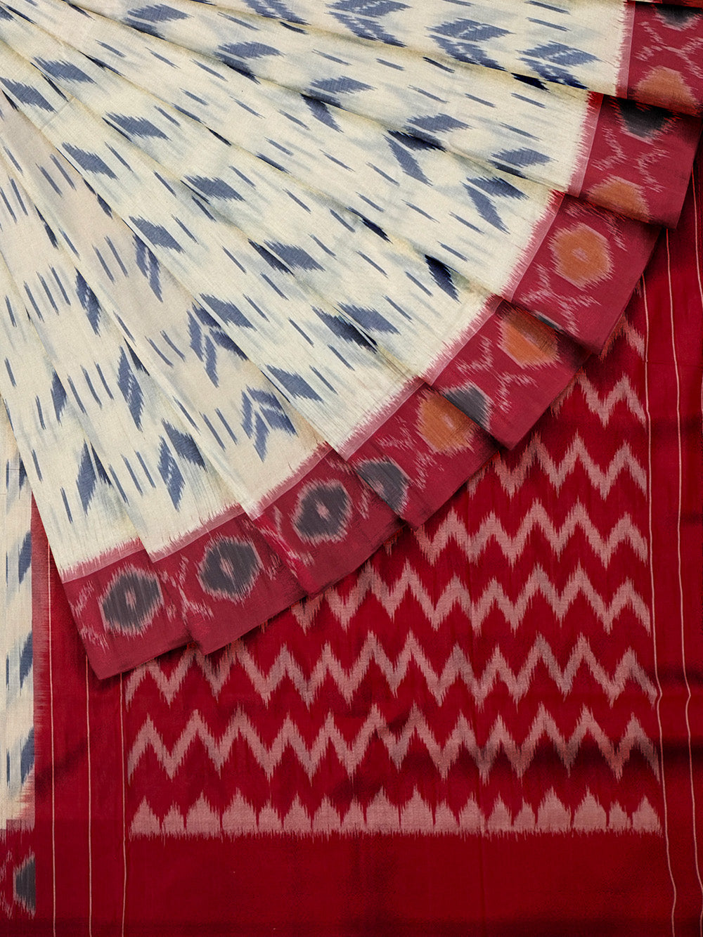 White and Red Pochampally Mercerised Cotton Handloom Saree in Ikkat Pattern