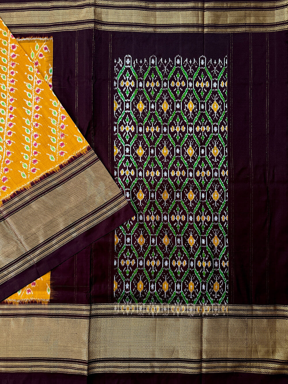 Yellow and Brown Pochampally Pure Silk Handloom Saree
