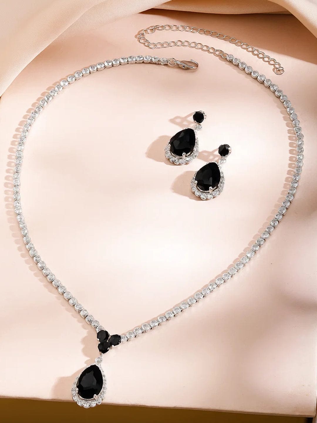 Black American Diamond Zirconia Teardrop Necklace Set
