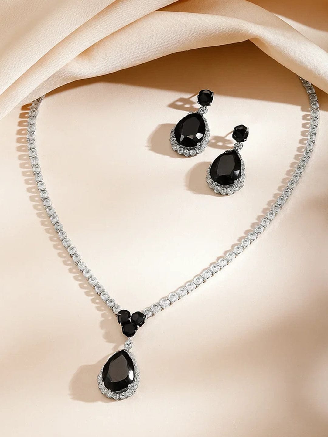 Black American Diamond Zirconia Teardrop Necklace Set