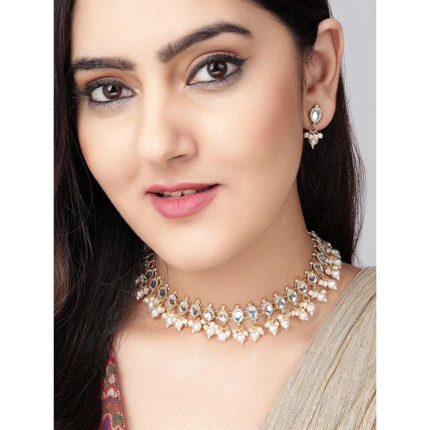 Wentra Gold Plated Kundan Delicate Necklace Set