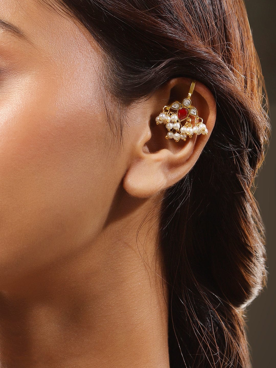 Chic Ruby & Pearl Glow Ear Cuff