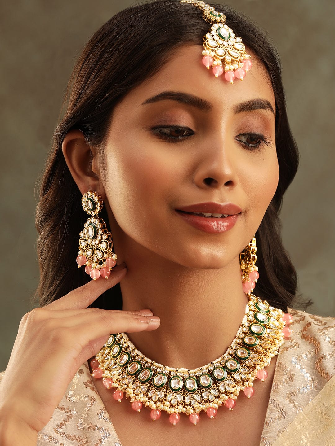 Opulent Radiance 22k Gold Plated Kundan and Pearl Beaded Jewelry Set
