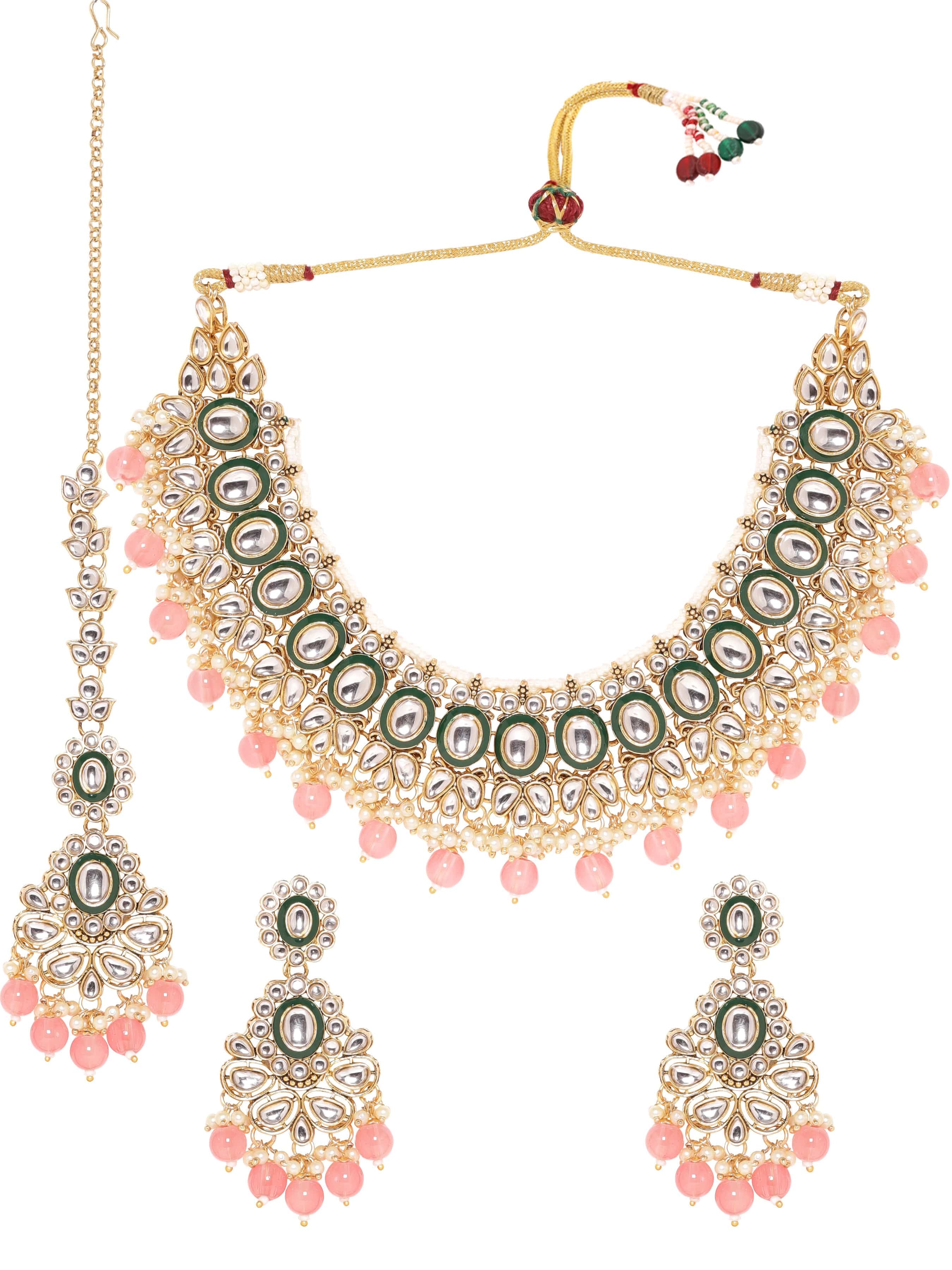 Opulent Radiance 22k Gold Plated Kundan and Pearl Beaded Jewelry Set
